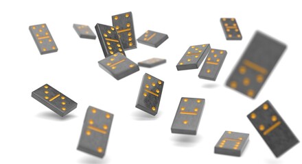 domino, domino pieces falling on a plain background, domino game, domino in a row, piece highlight, piece in focus, concept of change (3d illustration)