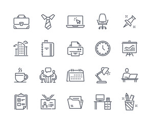 Set of Simple Office Related Icons. Business meeting, stationery, uniforms, workspace, office building and list of tasks. Design for site. Cartoon linear vector collection isolated on white background