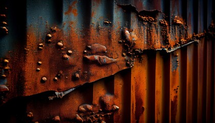 A weathered, rusted metal surface with deep grooves, scratches and texture, giving it a rugged and gritty appearance. generative AI