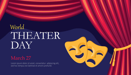World theatre day, March 27, concept greeting card, with curtains and Scene with red velvet curtain, theatrical masks. Typographic design, vector banner for email newsletter, invitation. - obrazy, fototapety, plakaty