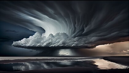 A dramatic, swirling cloud formation in shades of gray and white, with dark storm clouds on the horizon. generative AI