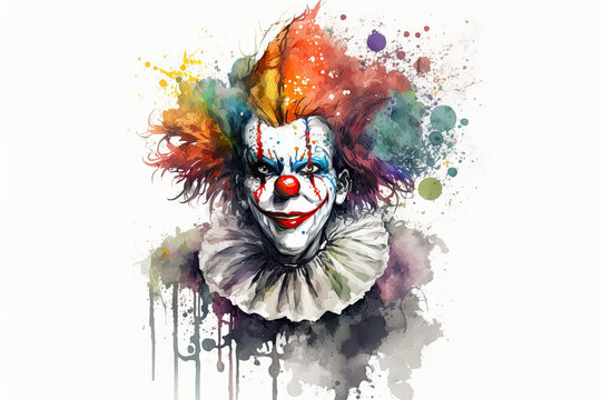 Watercolor painting of a scary clown