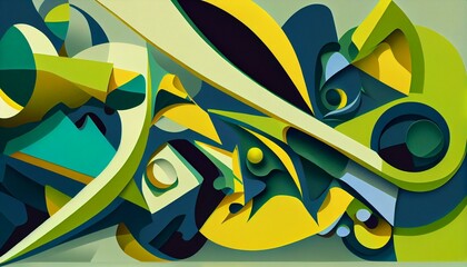 A colorful and playful abstract pattern of irregular shapes and lines in shades of green, blue, and yellow. generative AI