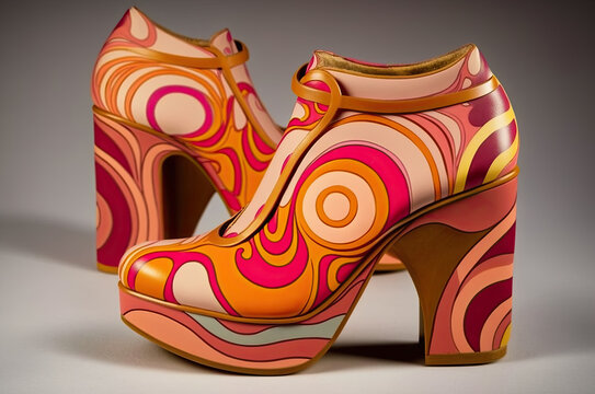 Pair of Psychedelic Ladies Stacked Heel Booties - 1970s Concept Footwear - Generative AI