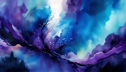 A bold and dramatic watercolor background with deep blues, purples, and blacks creating a sense of mystery and depth. generative AI