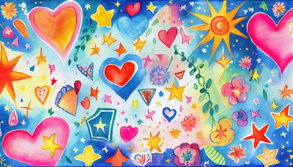 A playful and cheerful watercolor background with bright colors and whimsical patterns of hearts, stars, and flowers. generative AI