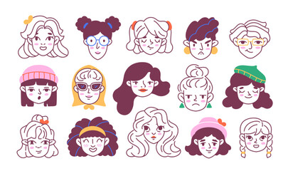 Set of doodle faces. Stylish linear avatars for social networks with cute girls and women with different hairstyles and accessories. Fashion portraits. Cartoon flat vector collection isolated on white