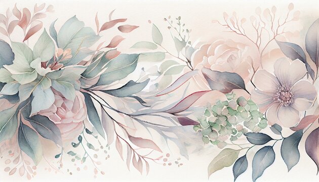 A soft and delicate watercolor background with pastel colors and intricate patterns of flowers and leaves. generative AI