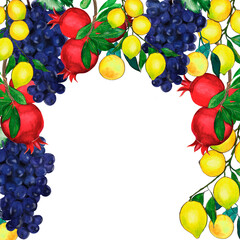 Hand-painted square frame of red pomegranates, lemons, blue grapes and green leaves. Suitable for social media posts, postcards, invitations, mobile apps, banners design and web ads, prints and more. 