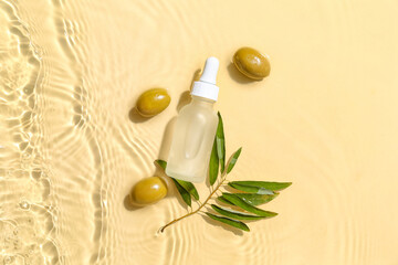 Bottle of essential olive oil in water on color background