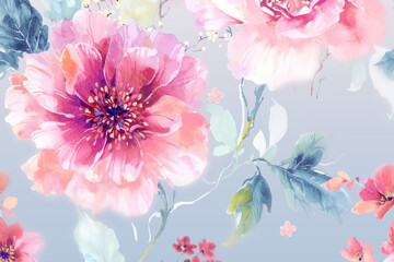 Watercolor flowers, roses, peonies, paisley butterflies