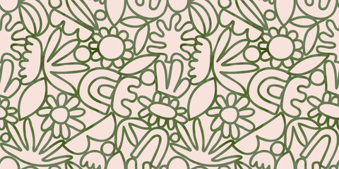 Abstract watercolor flower nature art seamless pattern illustration. Modern hand drawn floral painting, spring acrylic paint drawing background. Green color flowers wallpaper print.