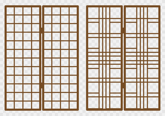 Traditional korean ornament wood frame pattern. Set of folding door and window antique decoration art vector illustration.