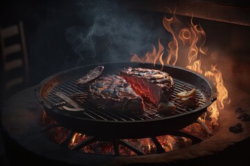 Barbecue Grill with Fire on Open Air. AI Generation