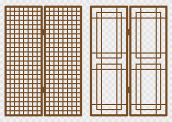Traditional korean ornament wood frame pattern. Set of folding door and window antique decoration art vector illustration.