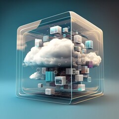 E-commerce / Cloud Computing / Datacenter / Software Library Concept. Technology Inventory Embedded in a Cloud inside a Transparent Glass Cube. Space for Text / Copy. 