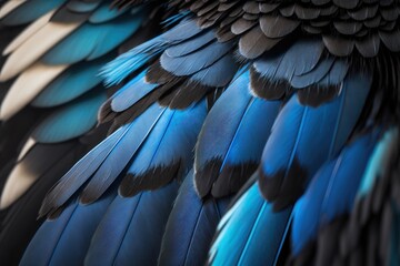 Blue and black bird feathers. AI generation