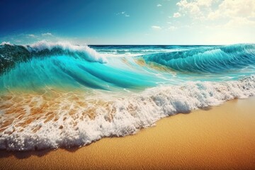 Sea wave on the sandy beach. Travel concept. AI generated