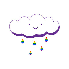 Cute cloud face with drops rainbow colors. Vector illustration.