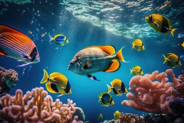 Fototapeta na wymiar Coral reef in the sea with fish. AI generated, human enhanced. Background with selective focus