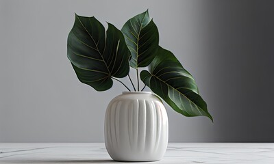 Green Plant Leave In a Ceramic Vase on White Table, generative AI