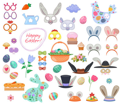 Set of Easter photo booth props. Elements for holiday. Eggs, desserts and spring flowers, Masks, hats and headbands with chicken and bunny. Cartoon flat vector collection isolated on white background