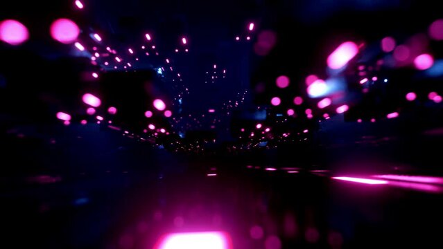 flight through hi-tech technology tunnel with camera shake. Neon light and fog, sci-fi constructions, mysterious 3d objects and hologram. Fly through technology cyberspace. 3d almost looped 4k bg