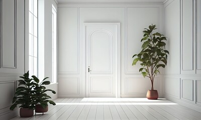 Fototapeta na wymiar Indoor plant on wooden floor with white wall background in large room, generative AI