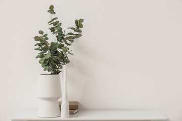 Vase with eucalyptus branches, burning candle and books on table near light wall © Pixel-Shot