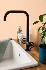Fototapeta na wymiar Table with sink, bath accessories and houseplant near beige wall, closeup