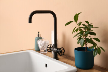 Fototapeta na wymiar Table with sink, bath accessories and houseplant near beige wall