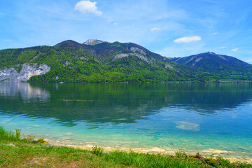 Naklejka na ściany i meble Landscape view of the Wolfgangsee Lake in the Salzkammergut region of Austria near Salzburg