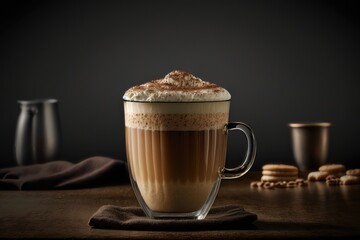 Cup of coffe with milk on a dark background.Cappuccino prepared with milk on a wooden table. AI generated