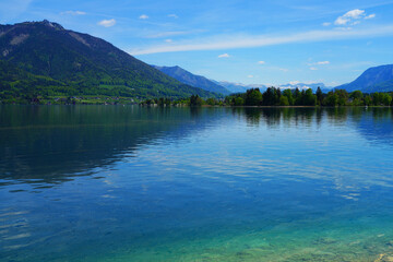 Fototapeta na wymiar Landscape view of the Wolfgangsee Lake in the Salzkammergut region of Austria near Salzburg