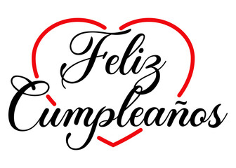 Celebración de cumpleaños. Logo aislado con texto manuscrito Feliz Cumpleaños en español con silueta de corazón lineal para su uso en felicitaciones y tarjetas