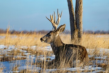 A Mule Deer resting by a tree in afternoon light with an open field and blue sky background.