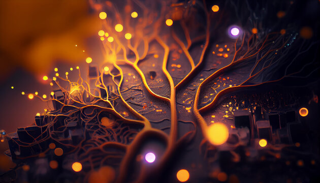 Artful depiction of a neural network AI illustrated, virtual neurons branching out across a circuit board, AI generative