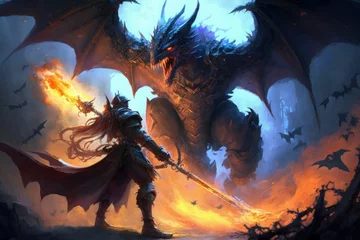 Foto op Canvas The epic scene of the battle of a knight with a dragon. Fairy tale atmosphere. AI generated © top images