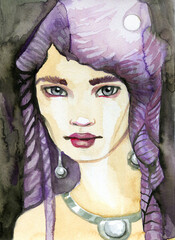 A watercolor portrait with a fancy hairstyle.