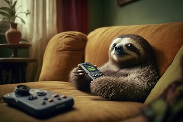 Sloth with remote control lies on couch and watches tv, concept of Couch Potato and Binge Watching, created with Generative AI technology - obrazy, fototapety, plakaty