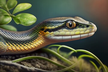 Fototapeta premium illustration, an asian vine snake resting on a branch, generative ai