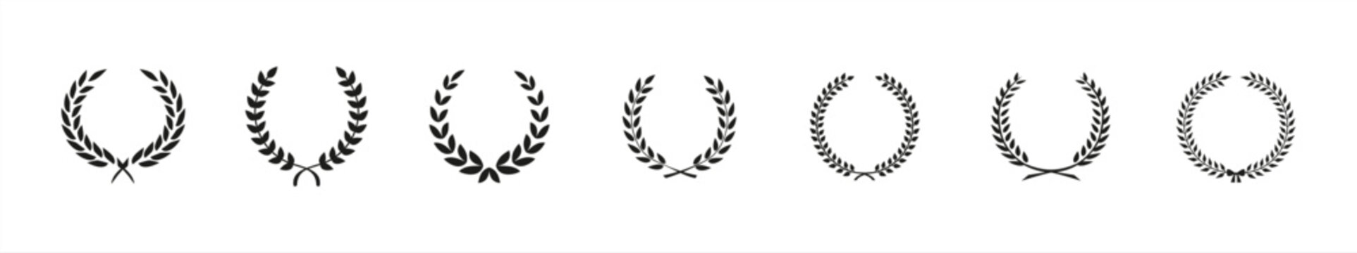Set black silhouette circular laurel foliate, wheat and oak wreaths depicting an award, achievement, heraldry. Emblem floral greek branch flat style - stock vector.
