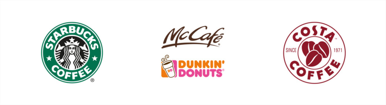 Starbucks Coffee, Costa Coffee, McCafe, Dunkin donuts official logo. Vector logo.