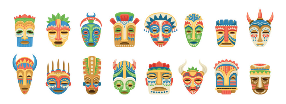 Set of ritual tribal masks. Ceremonial accessories of Aztec or African culture in form of animal muzzle or unusual faces with ornaments. Cartoon flat vector collection isolated on white background
