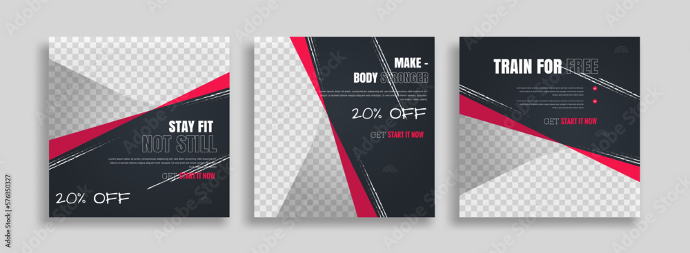 Wall mural posts on social media vector illustration. Stylish graphics templates posts. dynamic abstractions typography photo. modern art paint and brush stains, fitness subjects gym. design frame post Template