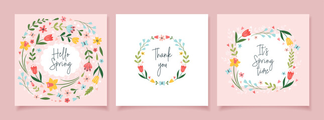 Hello spring! Set of spring greeting cards with flowers and hand drawn lettering. Lovely floral backgrounds. Vector templates for banner, invitation, poster, social media.