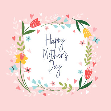 Happy Mother's Day. Greeting card with flowers and handwritten lettering. Beautiful floral background. Vector template for banner, invitation, social media.