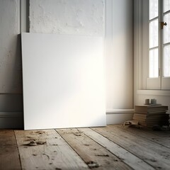 large white blank unframed canvas standing on a wooden floor, generative AI