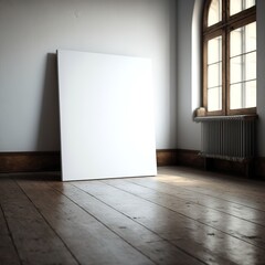 large white blank unframed canvas standing on a wooden floor, generative AI