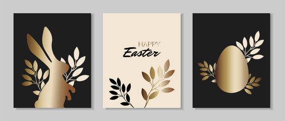 Easter Set of banners, greeting cards, posters, holiday covers. Minimalistic background with rabbits on the grass Modern art minimalist style. Greeting Easter card.